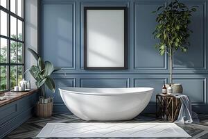 AI generated A bathroom featuring blue walls and a white bathtub, mockup photo