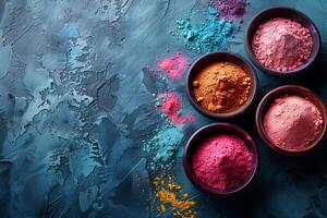 AI generated Top view of three bowls filled with vibrant colored powders, Holi Festival of Colors, copy space photo