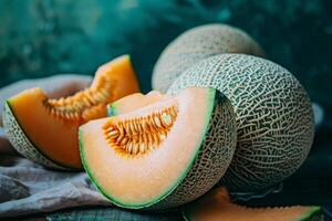 AI generated Ripe cantaloupe melon cut into fresh juicy slices with seeds on a summer day photo