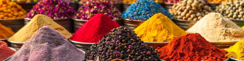 AI generated Colorful exotic spices market with heaps of turmeric, chilli, saffron, and cloves photo