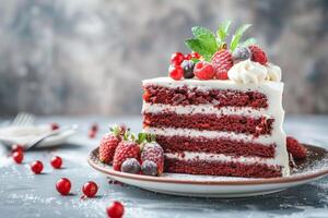 AI generated Red velvet cake with cream and berries in a dessert serving with layered confectionery and sweet indulgence photo