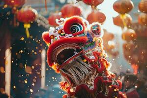 AI generated Traditional dragon dance and celebration with red lanterns during Chinese New Year in China photo