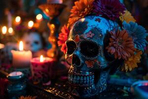 AI generated Day of the Dead traditional Mexican skull surrounded by celebration candles and colorful flowers photo