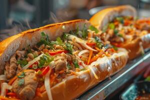 AI generated Banhmi Vietnamese sandwich featuring cuisine streetfood baguette coriander and pork photo