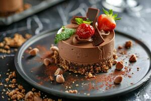 AI generated Mousse cake with chocolate strawberries and gourmet dessert presentation photo