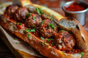 AI generated Meatball sub sandwich with sauce parsley and cheese on a wood table photo