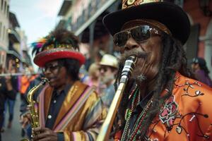 ai generado mardi gras celebracion en nuevo Orleans con desfile, música, músicos, y festival cultura foto