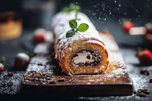 AI generated Swiss roll cake dessert with confectionery cream strawberries and chocolate mint garnish photo