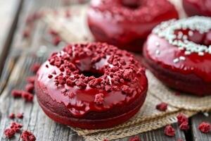 AI generated Red velvet donut with sweet glaze and sprinkles on a rustic wooden background photo