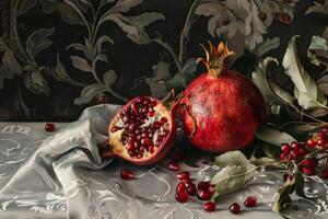 AI generated Ripe pomegranate with halved fruit and red seeds on a fresh vintage style background with fabric and floral texture photo