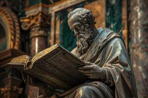 AI generated Bronze philosopher statue reading a book epitomizes wisdom and historical knowledge photo