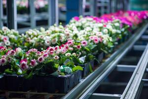 ai generado flores en un transportador cinturón en un embalaje instalaciones demostrar industria horticultura en un automatizado invernadero ajuste foto