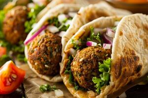AI generated Delicious falafel wraps with fresh herbs, onions, and tomatoes in pita bread photo