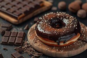 ai generado chocolate rosquilla con dulce Formación de hielo y asperja rociado en caramelo en un de madera plato foto