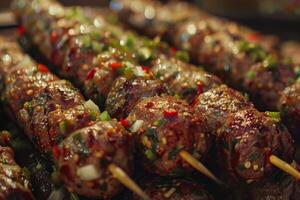 ai generado de cerca de picante kebabs en brochetas demostración A la parrilla carne con hierbas y Condimento foto