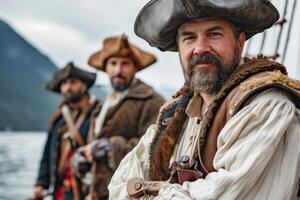 AI generated Explorers in costumes portray a historical reenactment of adventure at sea with pirates and muskets photo