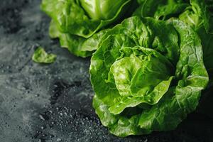 AI generated Fresh green lettuce with water droplets, a symbol of organic nutrition and healthy food photo