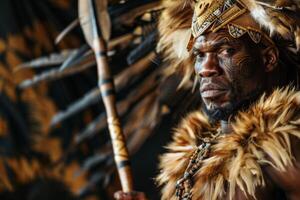 ai generado shaka zulú guerrero con tradicional africano atuendo y historia reflejado en su feroz líder apariencia foto