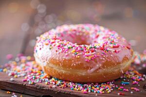 AI generated Close-up donut with pink icing and colorful sprinkles on a wooden surface photo