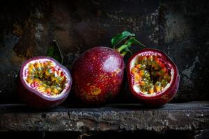 AI generated Passionfruit ripe and halved showcasing fresh seeds and vibrant juicy content photo