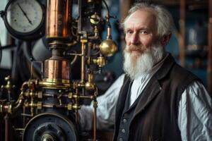 AI generated Elderly inventor with vintage machinery in a portrait of historical technology and expertise photo