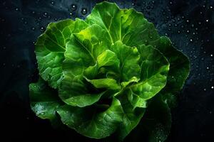 AI generated Green fresh lettuce with waterdrops, organic leafy vegetable for healthy nutrition photo