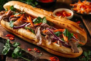 AI generated Delicious Vietnamese Banhmi sandwich with baguette, cilantro, carrot, and pork on a rustic wooden table photo