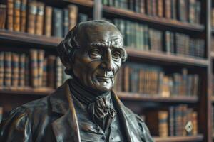 AI generated Bronze philosopher statue in library surrounded by books, bust, intellectual history, shelf, literature photo