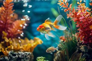 AI generated Goldfish swimming in a colorful aquarium with coral and underwater plants photo