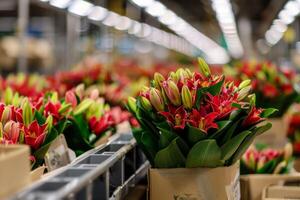 AI generated Flowers in a packaging facility among cardboard boxes and bouquets showing industry and distribution dynamics photo