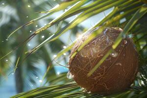 ai generado Coco en un palma hoja con tropical fondo capturas de la naturaleza verde frescura y agua gotas en luz de sol foto