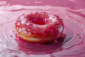 AI generated Pink jelly donut with icing on a reflective sugary surface displaying dessert indulgence and sweetness photo