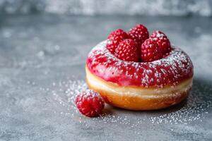 AI generated Raspberry donut dessert sweet fruit glaze icing sugar powdered pastry on a textured background photo