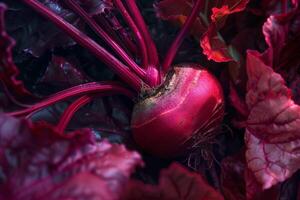 AI generated Fresh organic beetroot surrounded by vibrant leaves showcases healthy natural food photo