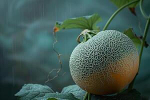 AI generated Cantaloupe melon on vine in garden represents fresh ripe organic agricultural food photo