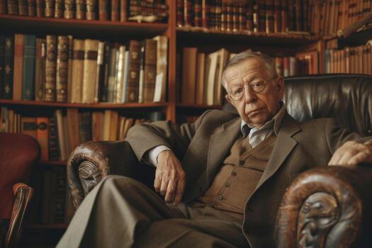 AI generated Aged philosopher in library surrounded by books exudes wisdom and contemplation photo