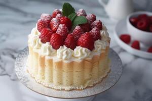 AI generated Chiffon cake dessert with raspberries, whipped cream, and confectionery sweetness on sponge pastry photo