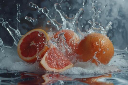 AI generated Grapefruit halves and slices in a refreshing water splash with citrus droplets flying around photo