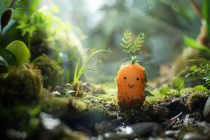 AI generated Magical carrot in a whimsical forest with moss and sunbeam creating a vibrant nature scene photo