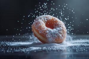 AI generated Cinnamon sugar donut with sprinkling sugar particles as a sweet treat photo