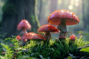 AI generated Vibrant red mushrooms in a tranquil forest with rain droplets and sun rays photo