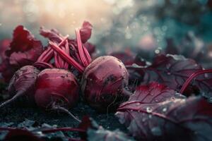 AI generated Beetroot and vegetables freshly harvested from the garden soil with visible roots and leaves in nature photo