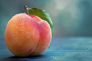 AI generated Fresh ripe peach with waterdrops, juicy and sweet on a wooden surface photo