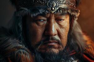 AI generated Genghis Khan portrait of a legendary Mongolian warrior and emperor in traditional armor photo