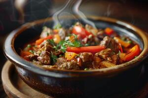 AI generated Steaming Goulash stew with Hungarian influences, beef, and assorted vegetables photo