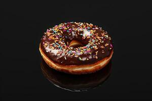 AI generated Chocolate donut with sprinkles dessert sweet pastry on black background photo