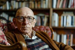 AI generated Elderly man with glasses in a library surrounded by books offering a portrait of wisdom and thoughtfulness photo