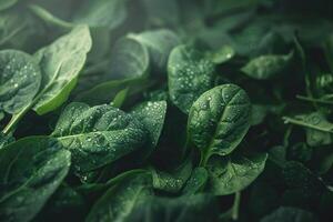 AI generated Fresh spinach leaves with dew representing green vegetables and healthy organic agriculture in nature photo