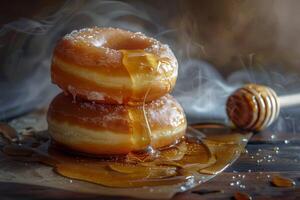 AI generated Glazed donut with honey drizzle as a sweet dessert treat on a wooden background photo
