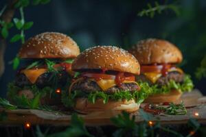 AI generated Burgers with cheese, fast-food gourmet options with sesame buns and beef photo